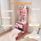 3-in-1 Makeup Vanity Desk with Lighted Mirror, Compact Vanity Table with Drawers, Storage Compartment & Rolling Stool for Bedroom