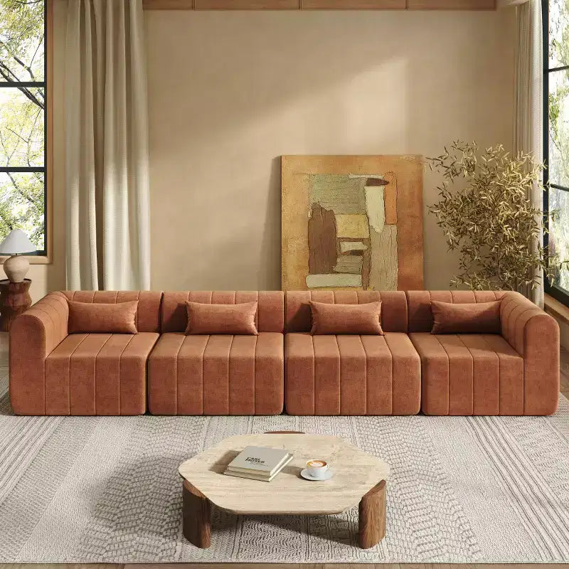 145.5 Modern Convertible Sectional Sofa, Upholstered 4-Seater Sectional Sofa with Compressed Sponge, Living Room L-Shaped Sofa-Panipeachy