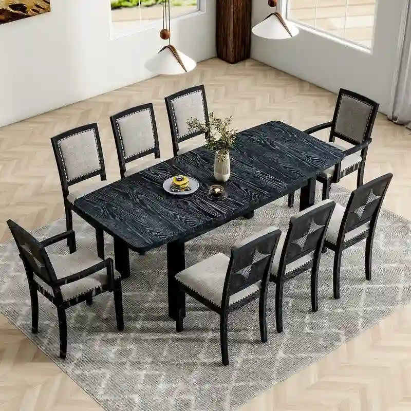 9 Pieces Extendable Dining Table Set with 24inch Removable Leaf , 6 Upholstered Armless Dining Chairs and 2 Padded Arm Chairs