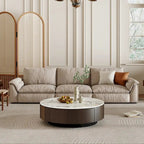 35 Modern Faux Marble Round Coffee Table, White Glossy Sintered Stone Tabletop, Mid Century Table with Solid Wood Drawer