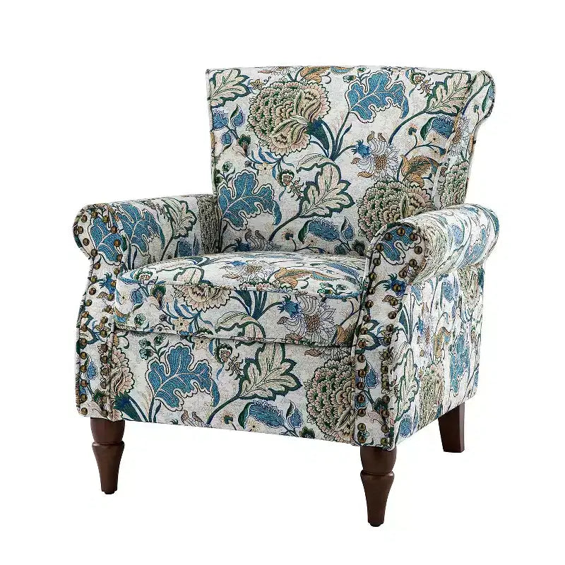 Araceli Traditional Wooden Upholstered Floral Armchair with Wingback and Nailhead Trim| ART OF LIVING DESIGNS