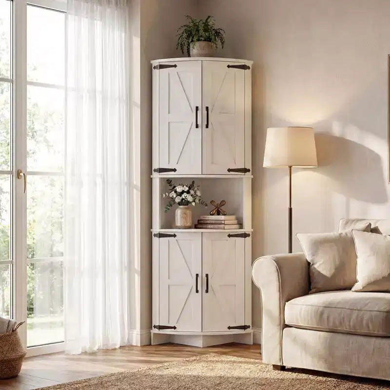 64.8 Tall Corner Cabinet with Doors, Brown Farmhouse Corner Storage Cabinet, Freestanding Corner Pantry Cabinet with Adjustable Shelves