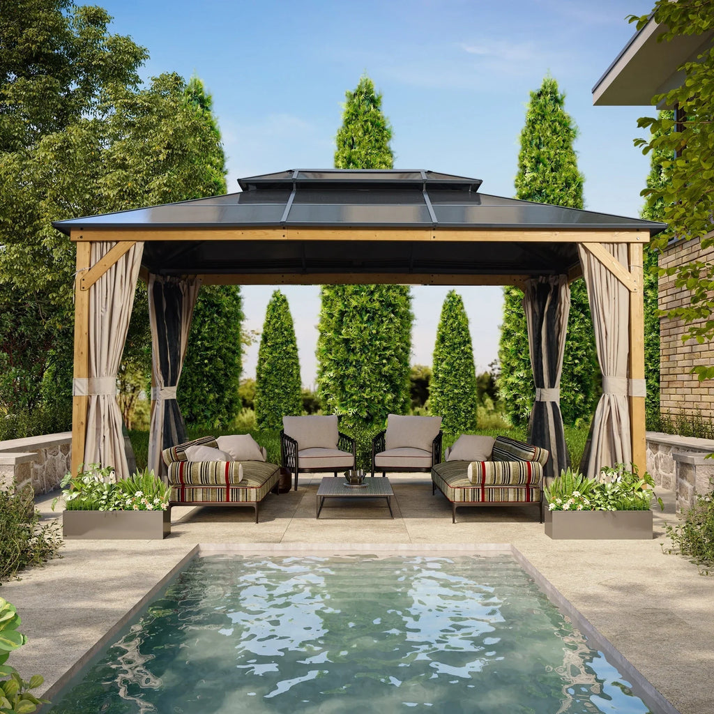 EROMMY Hardtop Gazebo,Outdoor Pergola with Double Roof & Netting & Curtains,Heavy Duty Canopy for Patio, Backyard, Pool party