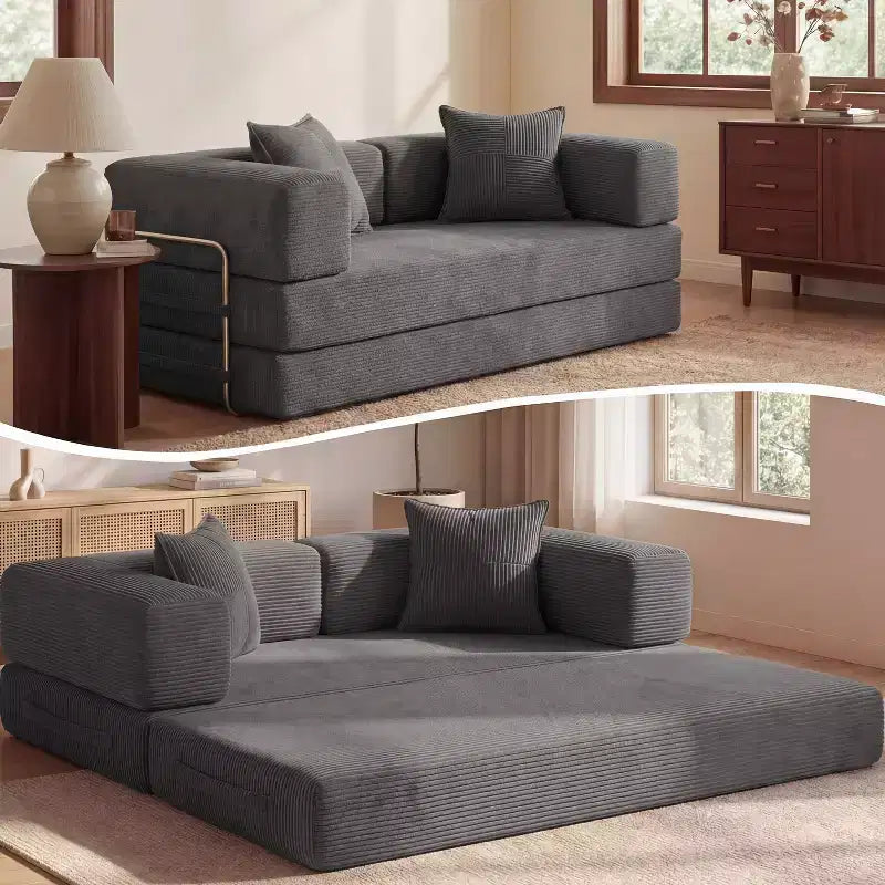 Dyonery 65-in five-in-one folding floor sofa bed, convertible into a double bed sofa bed, with a fixed metal frame, corduroy