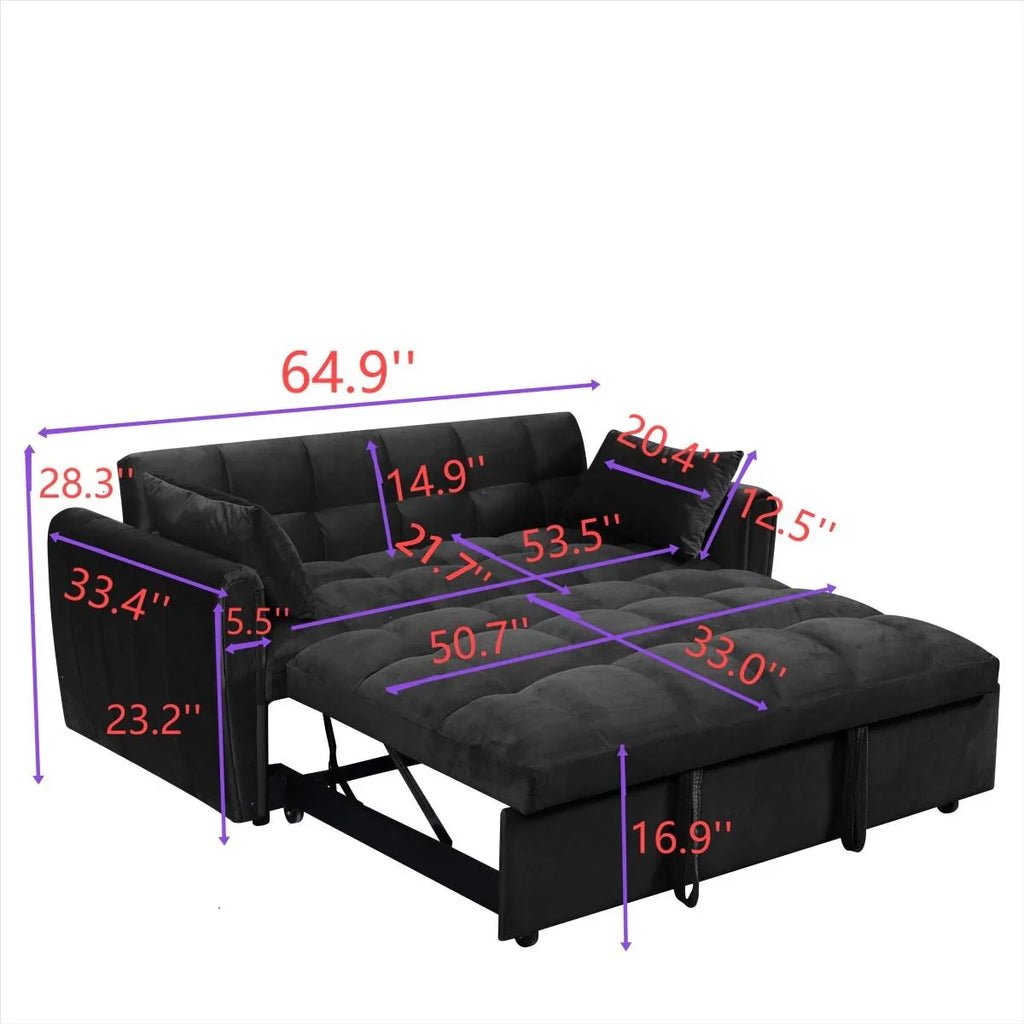 64.96 Velvet 3-in-1 Convertible Sofa Bed with Adjustable Back, Storage Pocket, and 500lb Weight Capacity