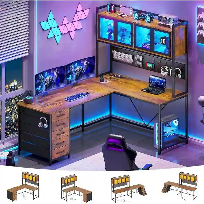 L Shaped Gaming Desk Computer Desk Pegboard 5 Drawers Storage Shelf