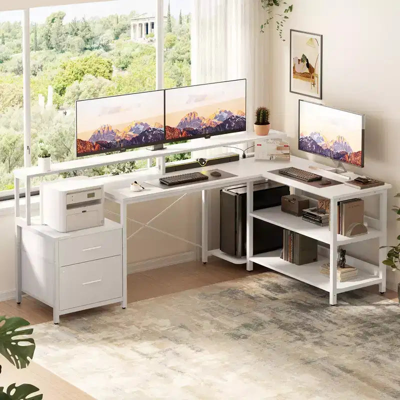 Bureau d'angle réversible avec station de charge, bureau d'ordinateur pour le télétravail avec lumières LED et tiroirs