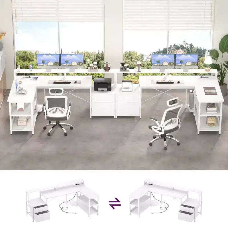 Bureau d'angle réversible avec station de charge, bureau d'ordinateur pour le télétravail avec lumières LED et tiroirs