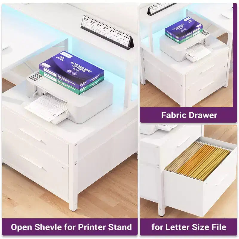 Bureau d'angle réversible avec station de charge, bureau d'ordinateur pour le télétravail avec lumières LED et tiroirs