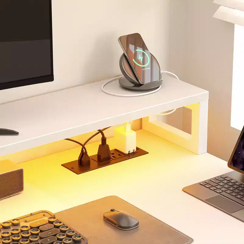 Bureau d'angle réversible avec station de charge, bureau d'ordinateur pour le télétravail avec lumières LED et tiroirs
