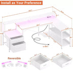 Bureau d'angle réversible avec station de charge, bureau d'ordinateur pour le télétravail avec lumières LED et tiroirs