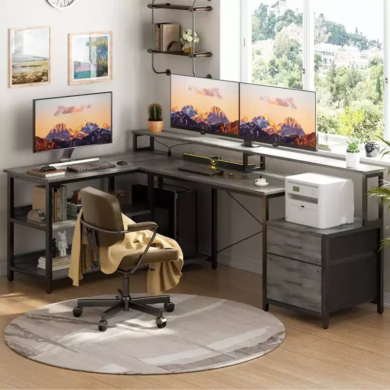 Bureau d'angle réversible avec station de charge, bureau d'ordinateur pour le télétravail avec lumières LED et tiroirs