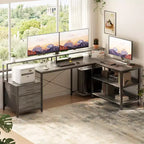 Bureau d'angle réversible avec station de charge, bureau d'ordinateur pour le télétravail avec lumières LED et tiroirs