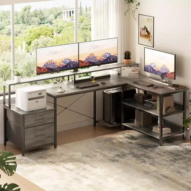 Bureau d'angle réversible avec station de charge, bureau d'ordinateur pour le télétravail avec lumières LED et tiroirs
