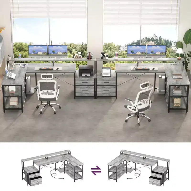 Bureau d'angle réversible avec station de charge, bureau d'ordinateur pour le télétravail avec lumières LED et tiroirs