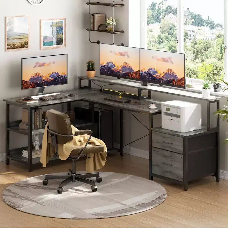 Bureau d'angle réversible avec station de charge, bureau d'ordinateur pour le télétravail avec lumières LED et tiroirs