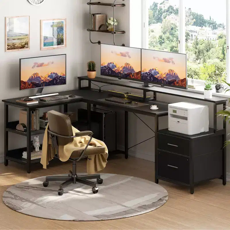 Bureau d'angle réversible avec station de charge, bureau d'ordinateur pour le télétravail avec lumières LED et tiroirs