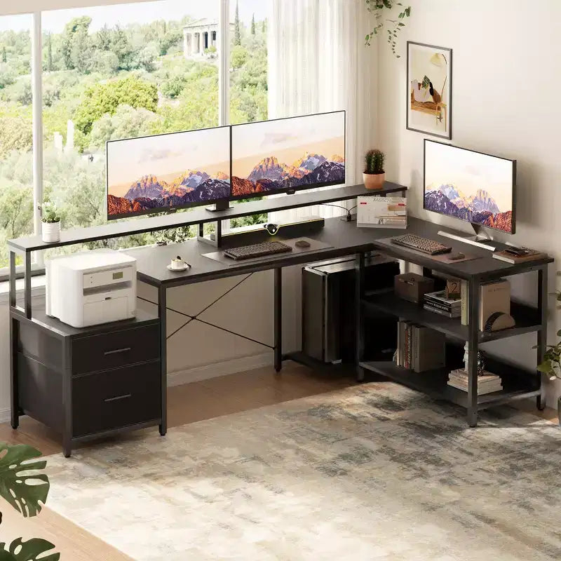 Bureau d'angle réversible avec station de charge, bureau d'ordinateur pour le télétravail avec lumières LED et tiroirs