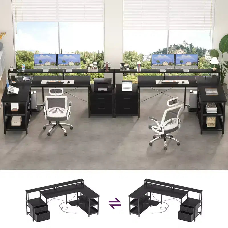 Bureau d'angle réversible avec station de charge, bureau d'ordinateur pour le télétravail avec lumières LED et tiroirs