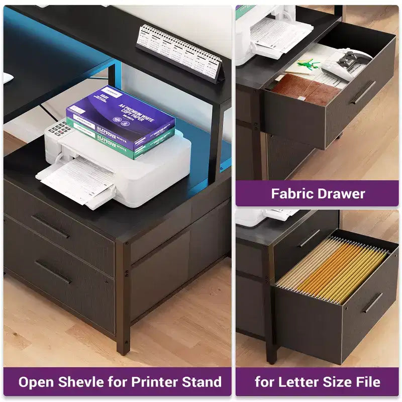 Bureau d'angle réversible avec station de charge, bureau d'ordinateur pour le télétravail avec lumières LED et tiroirs