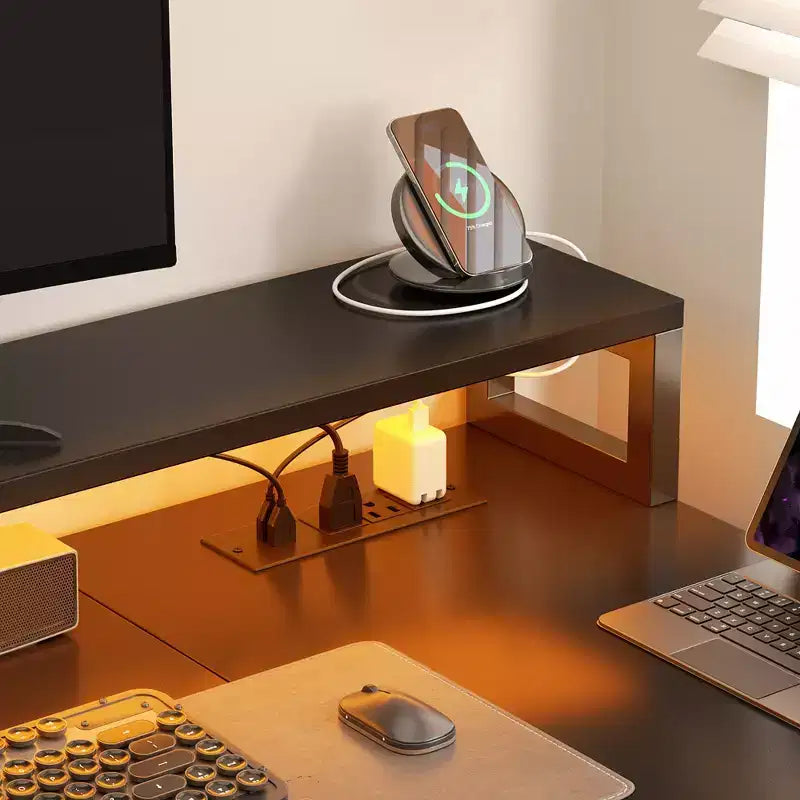 Bureau d'angle réversible avec station de charge, bureau d'ordinateur pour le télétravail avec lumières LED et tiroirs