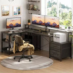Bureau d'angle réversible avec station de charge, bureau d'ordinateur pour le télétravail avec lumières LED et tiroirs