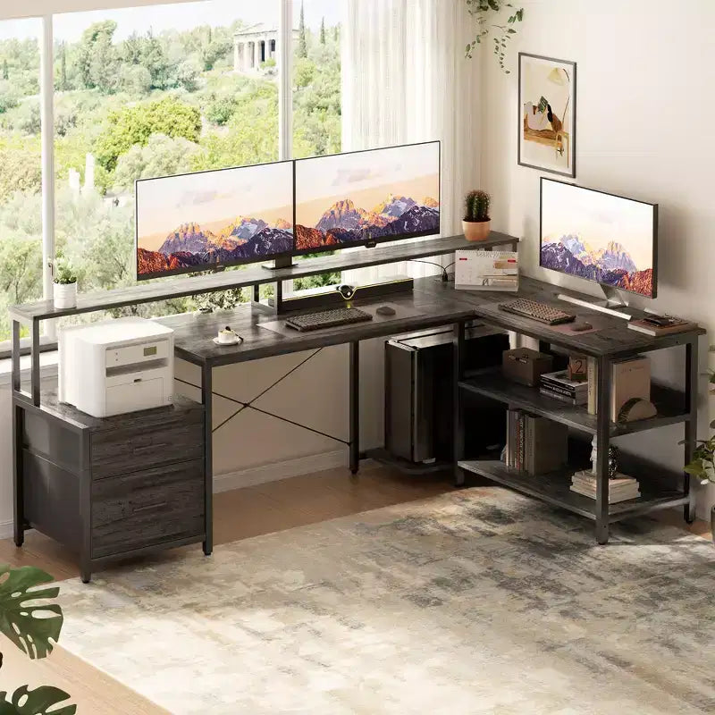 Bureau d'angle réversible avec station de charge, bureau d'ordinateur pour le télétravail avec lumières LED et tiroirs
