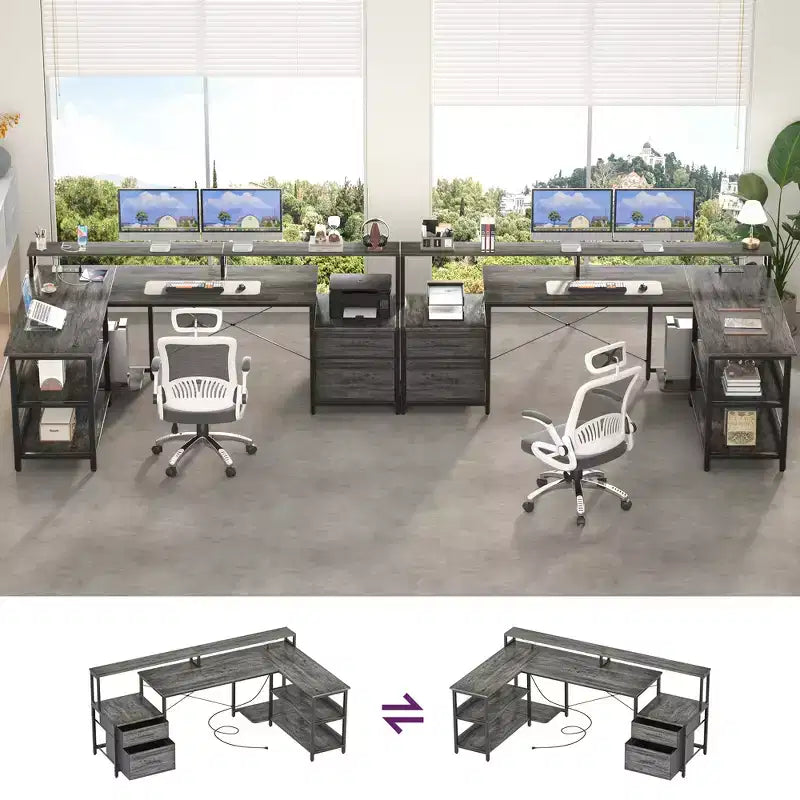 Bureau d'angle réversible avec station de charge, bureau d'ordinateur pour le télétravail avec lumières LED et tiroirs