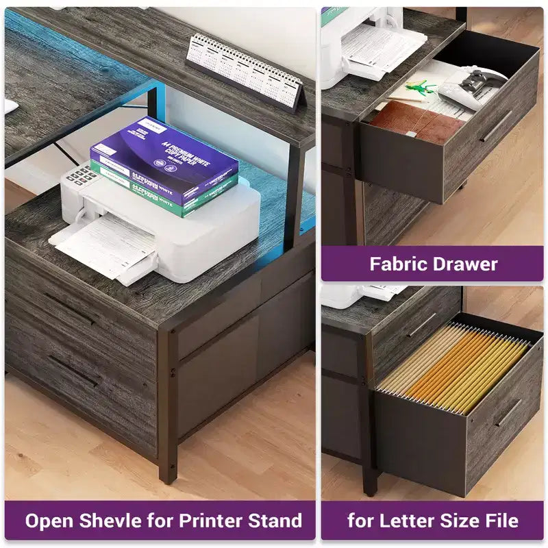 Bureau d'angle réversible avec station de charge, bureau d'ordinateur pour le télétravail avec lumières LED et tiroirs