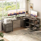 Bureau d'angle réversible avec station de charge, bureau d'ordinateur pour le télétravail avec lumières LED et tiroirs