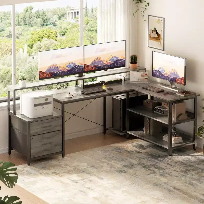 Bureau d'angle réversible avec station de charge, bureau d'ordinateur pour le télétravail avec lumières LED et tiroirs