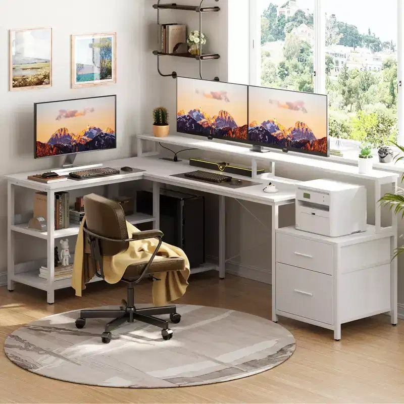 Bureau d'angle réversible avec station de charge, bureau d'ordinateur pour le télétravail avec lumières LED et tiroirs