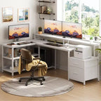 Bureau d'angle réversible avec station de charge, bureau d'ordinateur pour le télétravail avec lumières LED et tiroirs