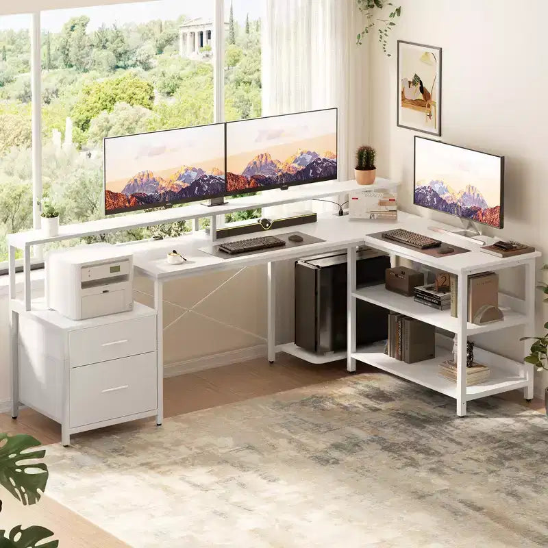 Bureau d'angle réversible avec station de charge, bureau d'ordinateur pour le télétravail avec lumières LED et tiroirs