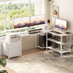 Bureau d'angle réversible avec station de charge, bureau d'ordinateur pour le télétravail avec lumières LED et tiroirs