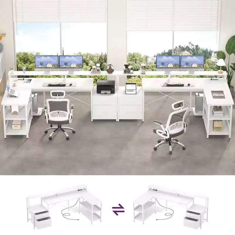 Bureau d'angle réversible avec station de charge, bureau d'ordinateur pour le télétravail avec lumières LED et tiroirs