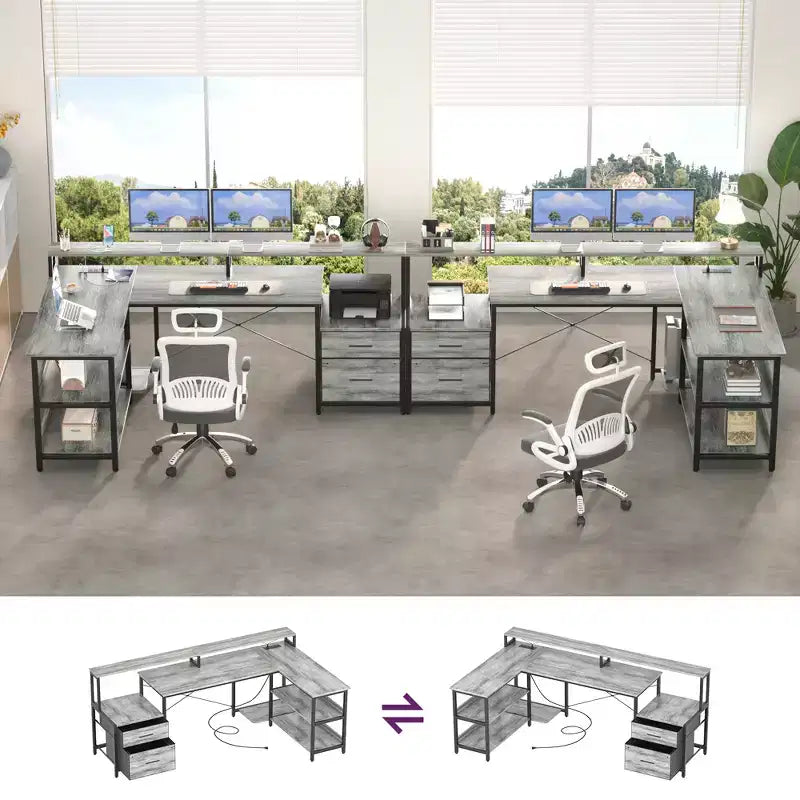 Bureau d'angle réversible avec station de charge, bureau d'ordinateur pour le télétravail avec lumières LED et tiroirs
