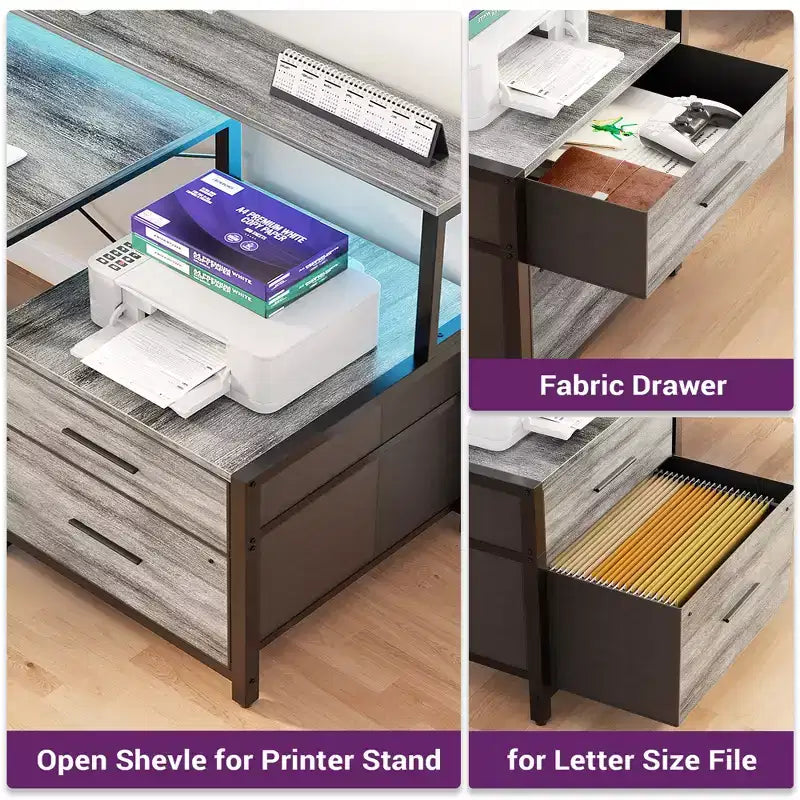 Bureau d'angle réversible avec station de charge, bureau d'ordinateur pour le télétravail avec lumières LED et tiroirs