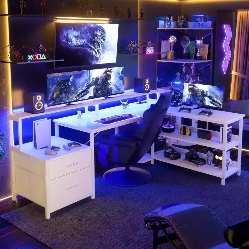 Bureau d'angle réversible avec station de charge, bureau d'ordinateur pour le télétravail avec lumières LED et tiroirs