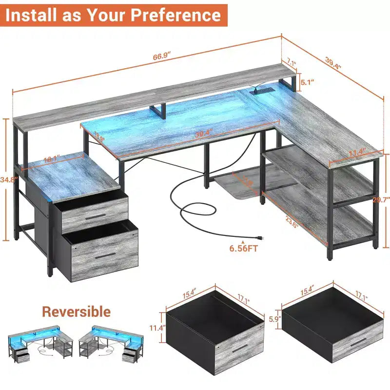 Bureau d'angle réversible avec station de charge, bureau d'ordinateur pour le télétravail avec lumières LED et tiroirs