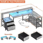 Bureau d'angle réversible avec station de charge, bureau d'ordinateur pour le télétravail avec lumières LED et tiroirs
