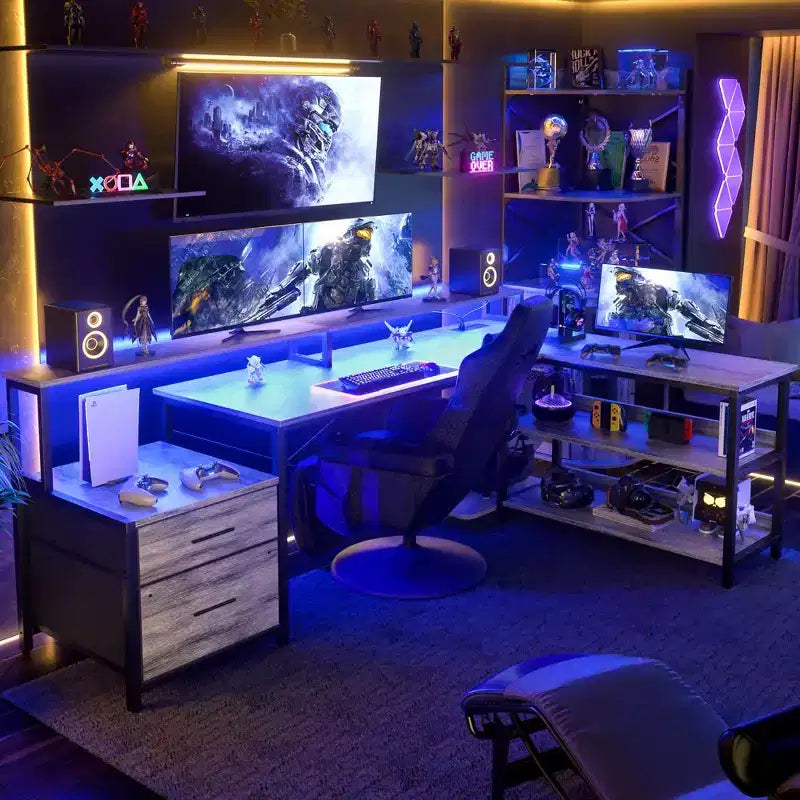Bureau d'angle réversible avec station de charge, bureau d'ordinateur pour le télétravail avec lumières LED et tiroirs