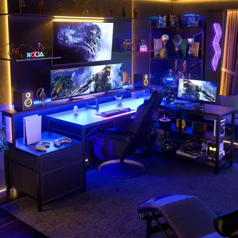 Bureau d'angle réversible avec station de charge, bureau d'ordinateur pour le télétravail avec lumières LED et tiroirs