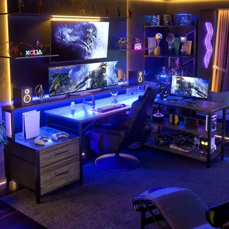 Bureau d'angle réversible avec station de charge, bureau d'ordinateur pour le télétravail avec lumières LED et tiroirs