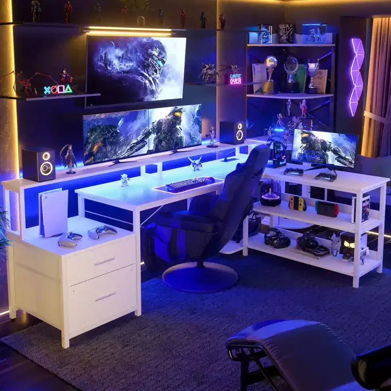 Bureau d'angle réversible avec station de charge, bureau d'ordinateur pour le télétravail avec lumières LED et tiroirs
