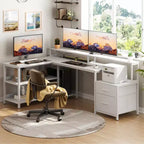 Bureau d'angle réversible avec station de charge, bureau d'ordinateur pour le télétravail avec lumières LED et tiroirs