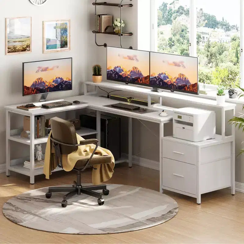 Bureau d'angle réversible avec station de charge, bureau d'ordinateur pour le télétravail avec lumières LED et tiroirs