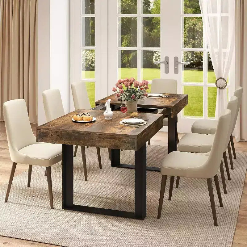 Table de ferme extensible 63-78,7 po, 6 à 10 places avec rail métallique et pieds coniques en U, table rectangulaire marron rustique pour salle à manger et bureau