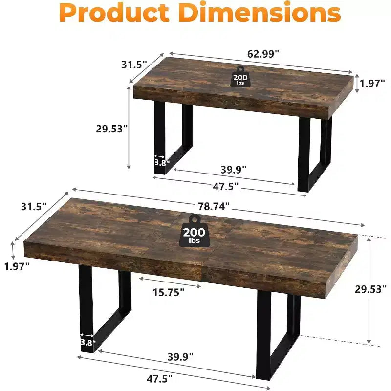 Table de ferme extensible 63-78,7 po, 6 à 10 places avec rail métallique et pieds coniques en U, table rectangulaire marron rustique pour salle à manger et bureau