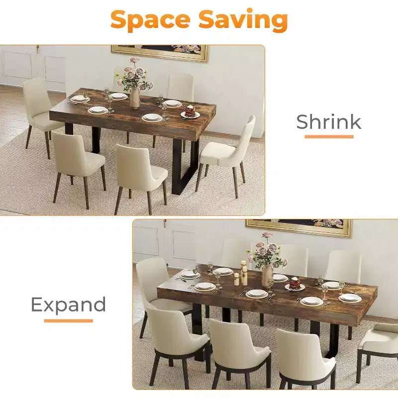 Table de ferme extensible 63-78,7 po, 6 à 10 places avec rail métallique et pieds coniques en U, table rectangulaire marron rustique pour salle à manger et bureau